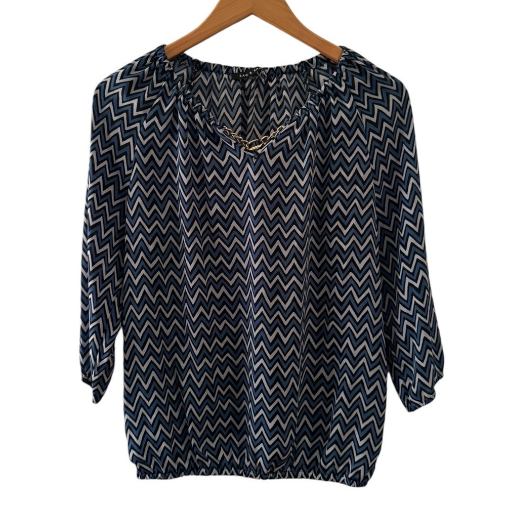 Zac & Rachel Top Women S Blouse Blue White Chevron Chiffon Career Business Gold